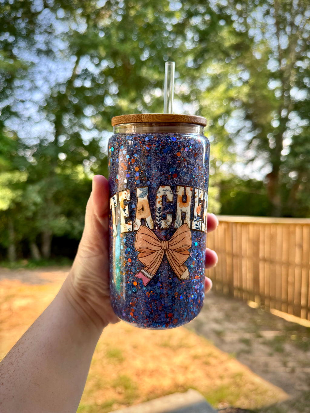 16oz Teacher Glitter Glass Cup