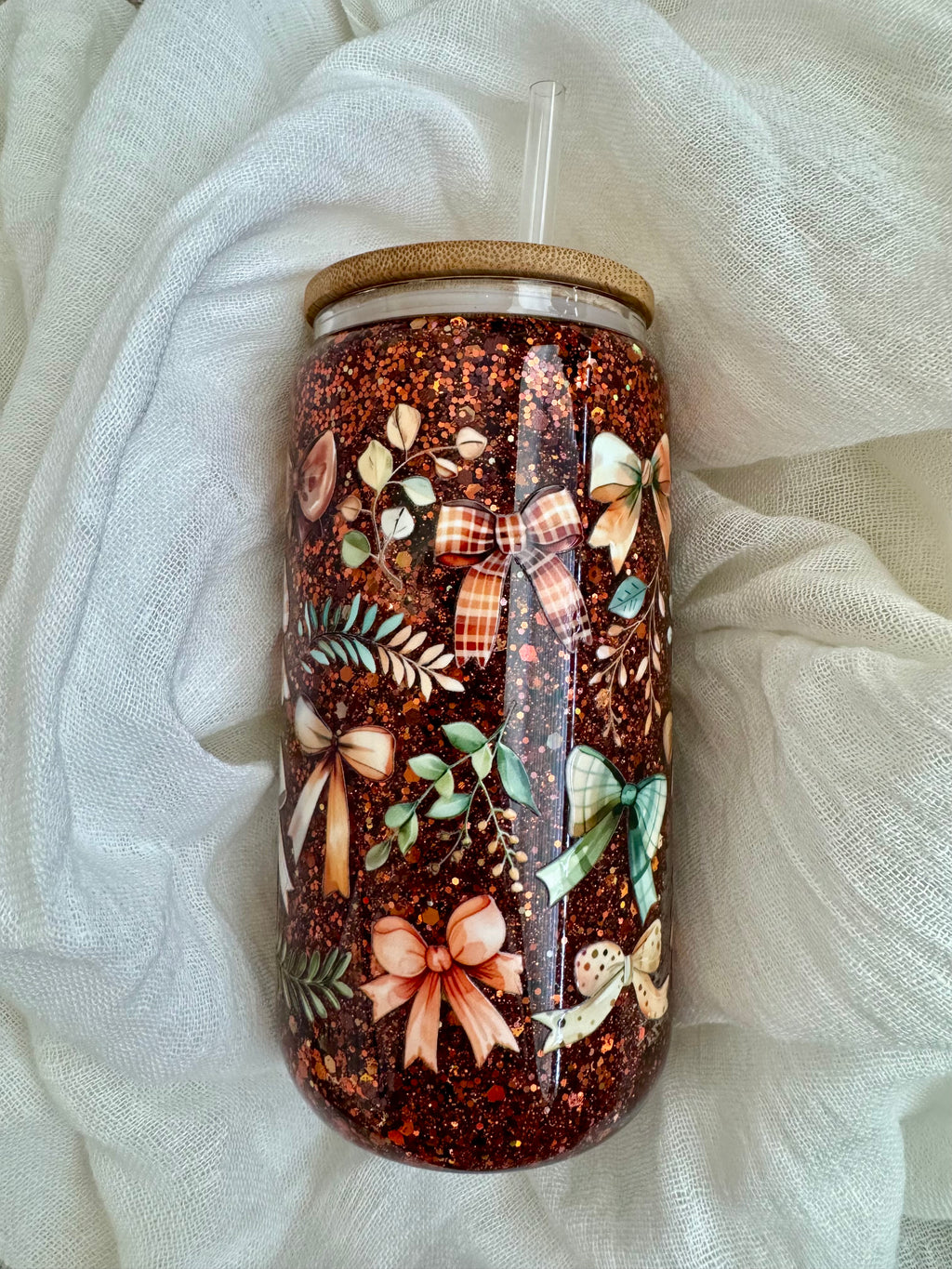 16oz Fall Brown Bow Glitter Glass Cup