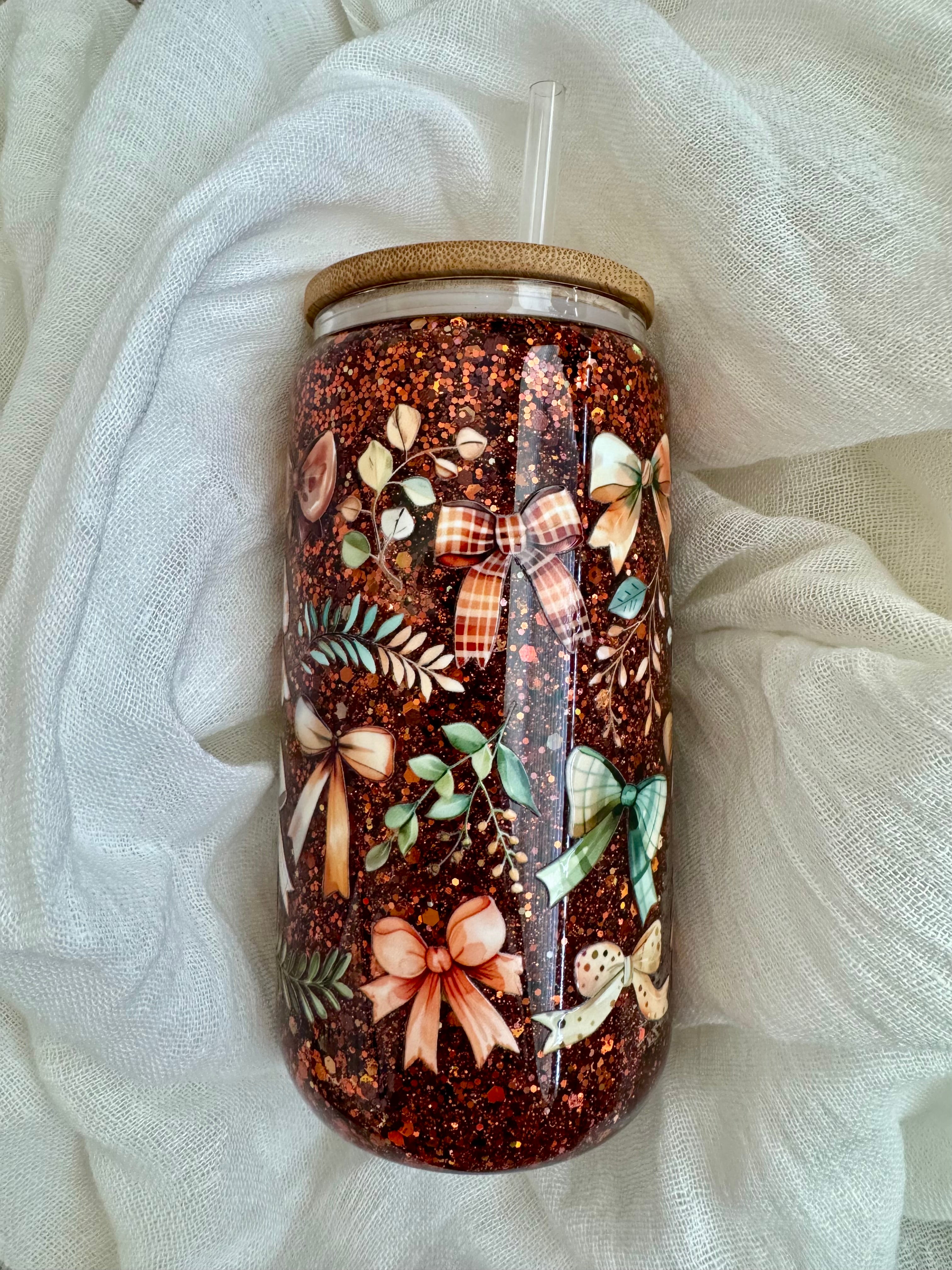 16oz Fall Brown Bow Glitter Glass Cup