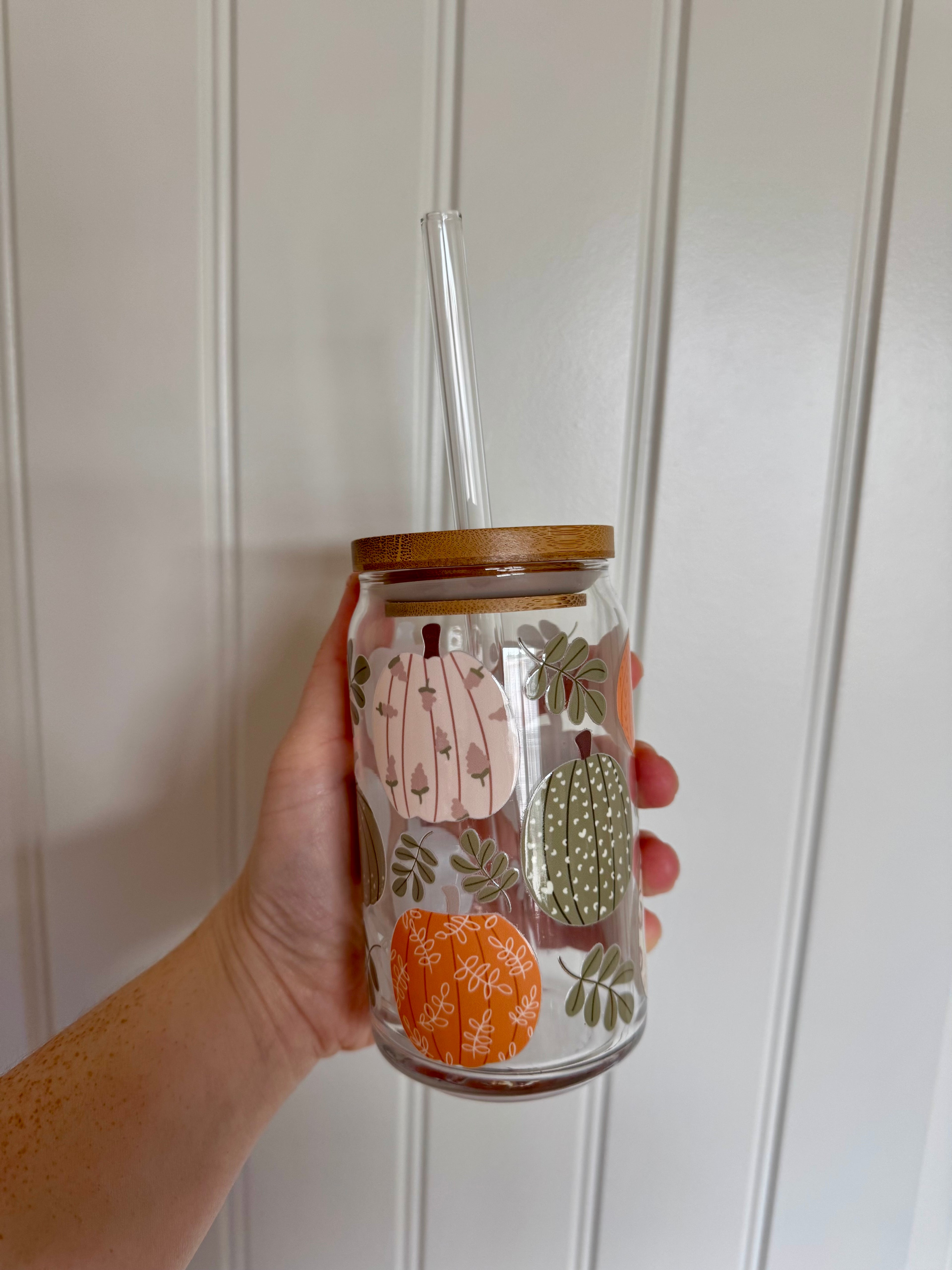 16oz Fall neutral pumpkins Glass Cup