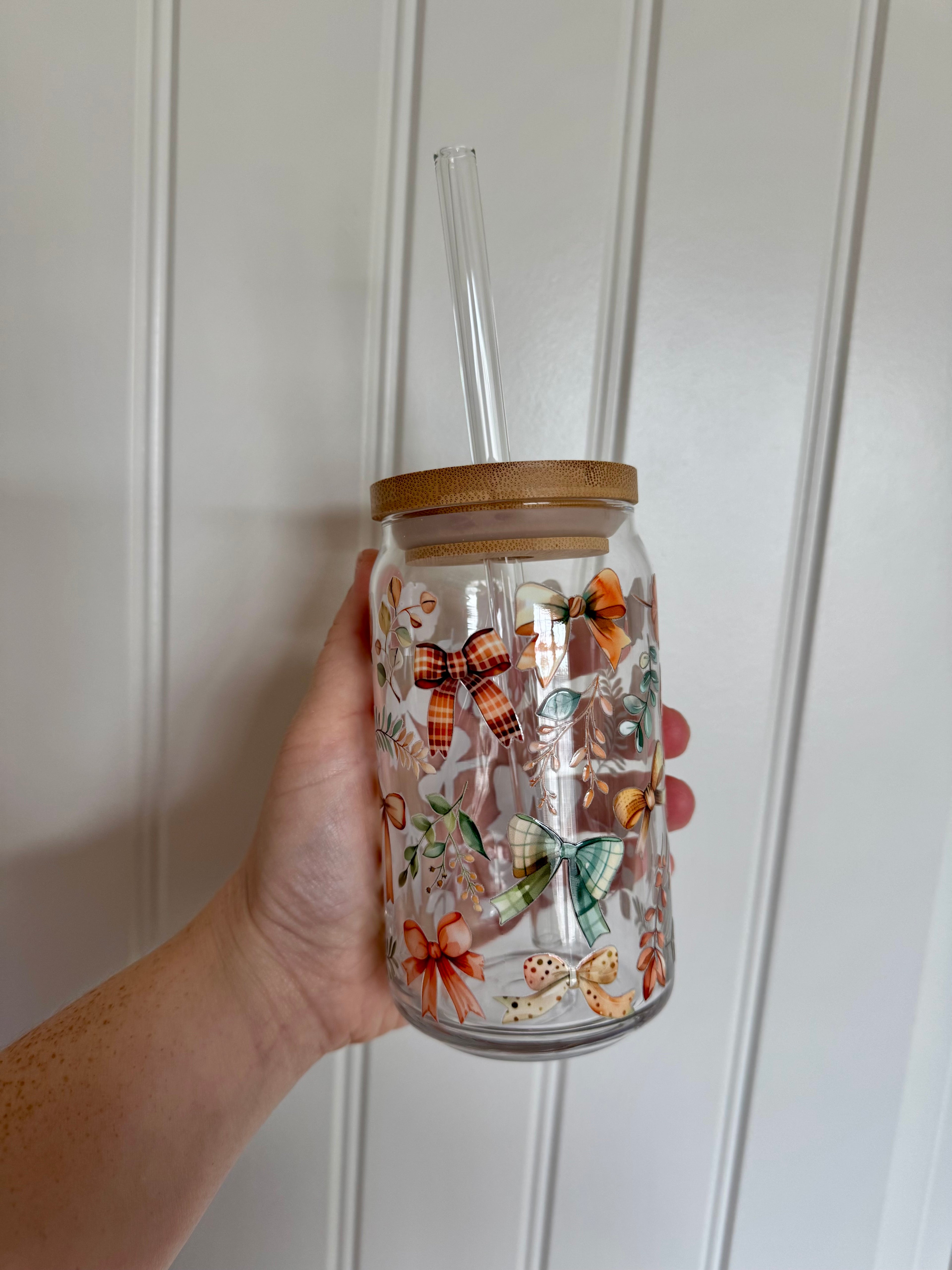 16oz Fall brown bow Glass Cup