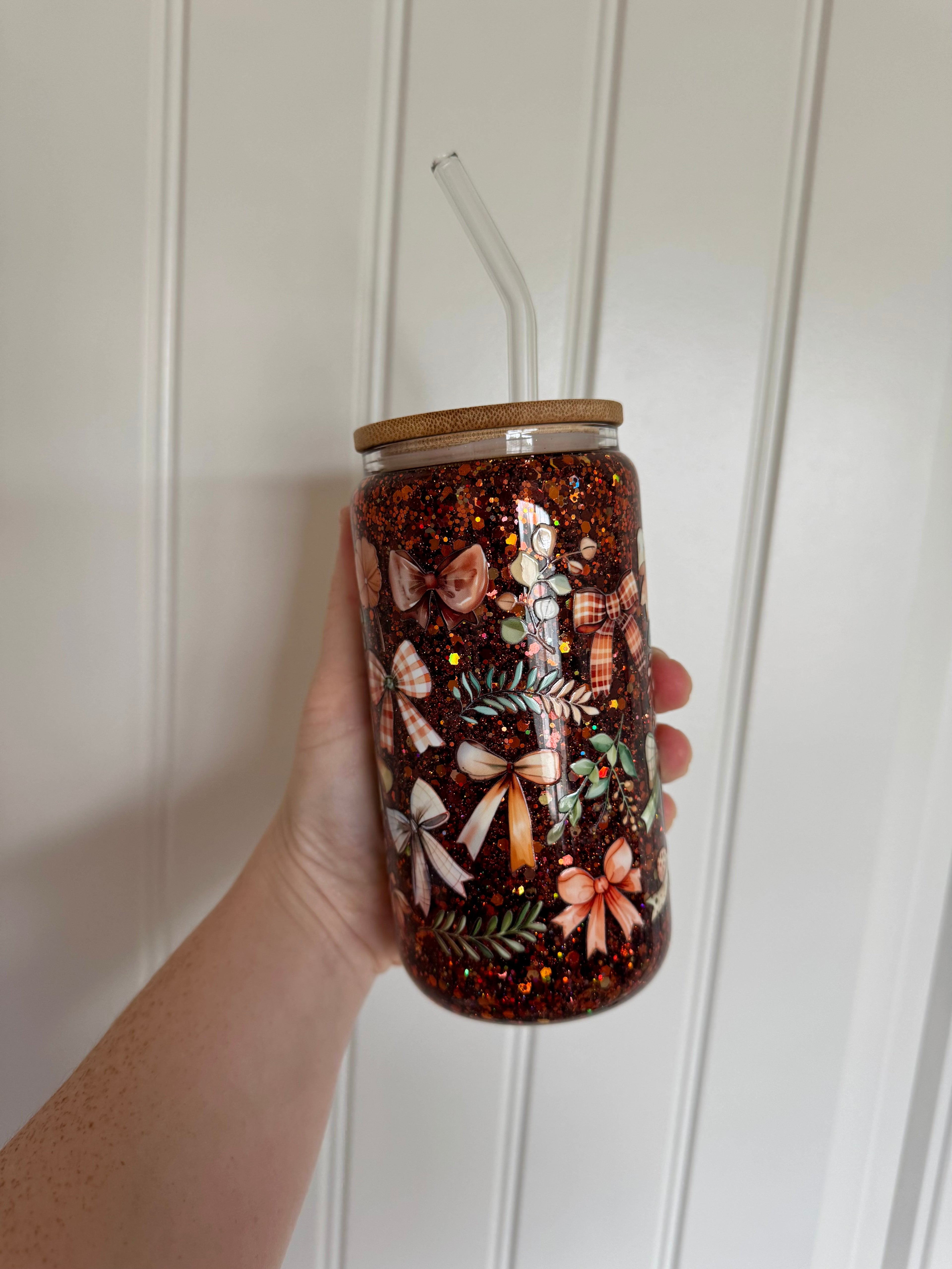 16oz Fall Brown Bow Glitter Glass Cup