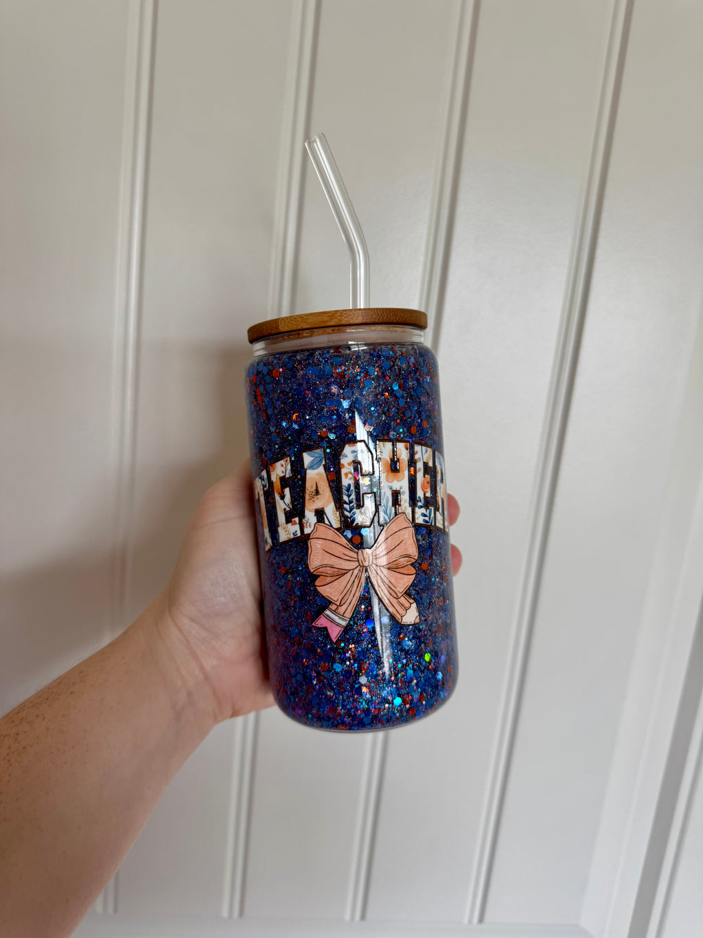 16oz Teacher Glitter Glass Cup