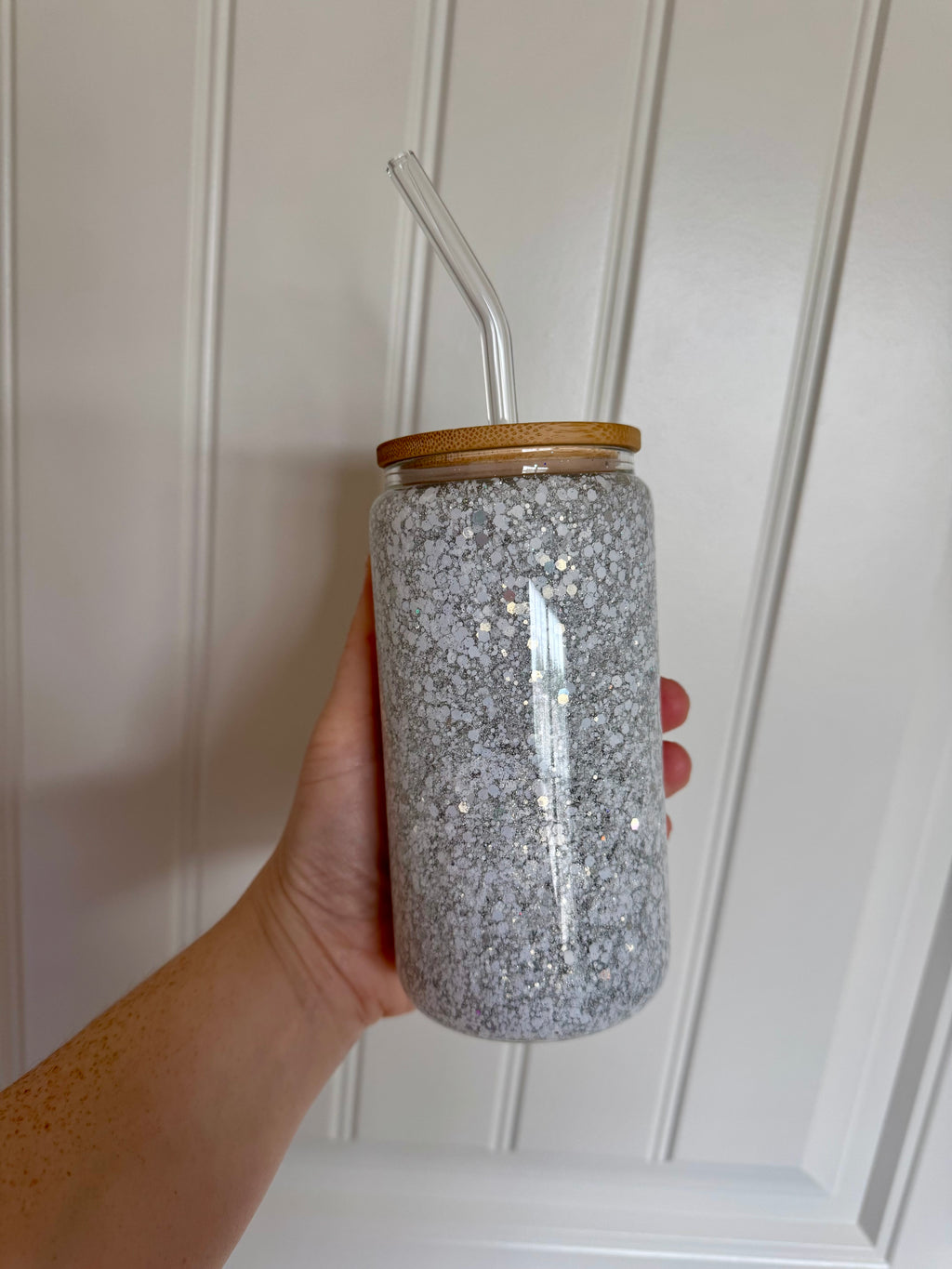16oz white Glitter Glass Cup