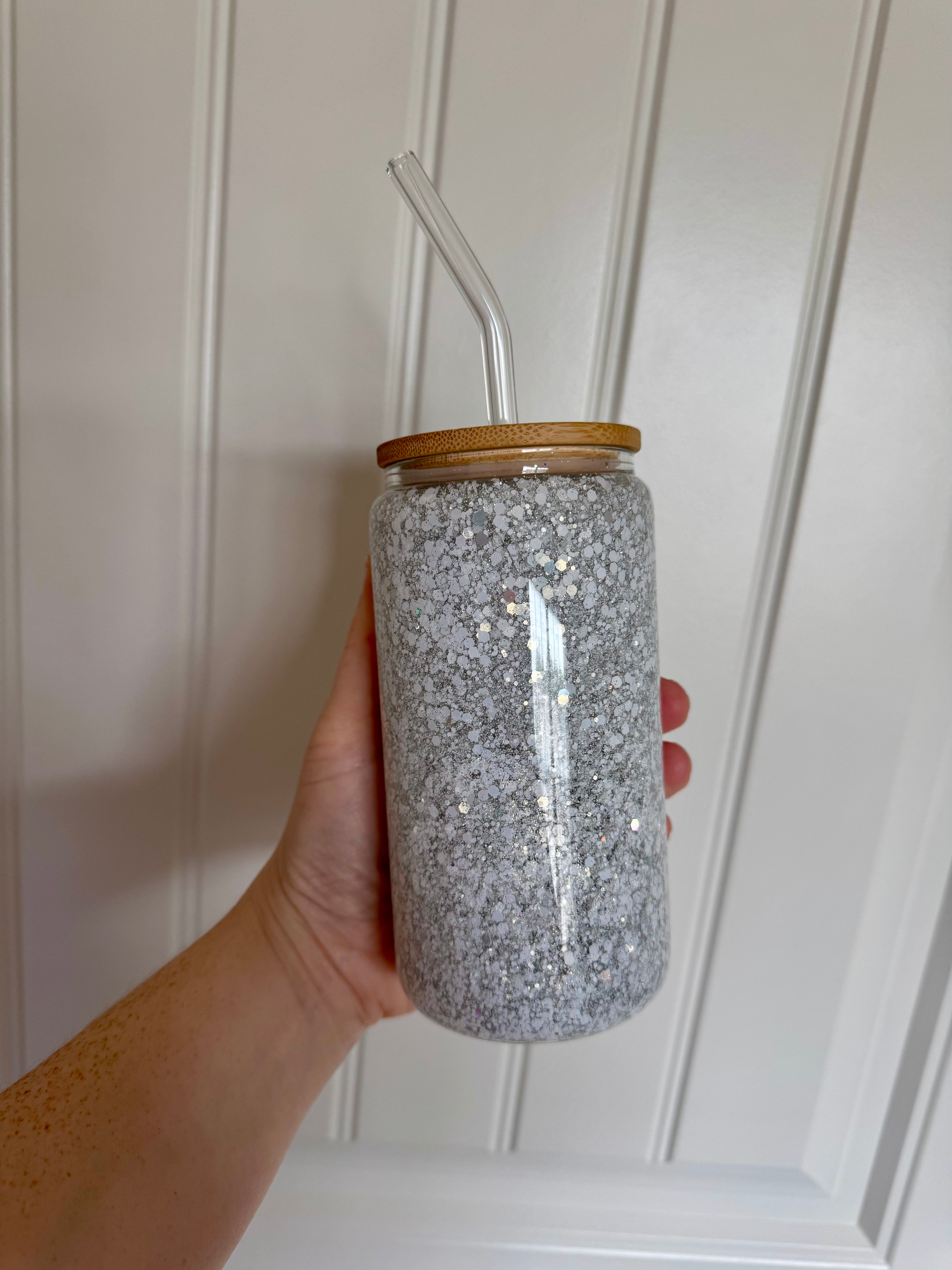16oz white Glitter Glass Cup