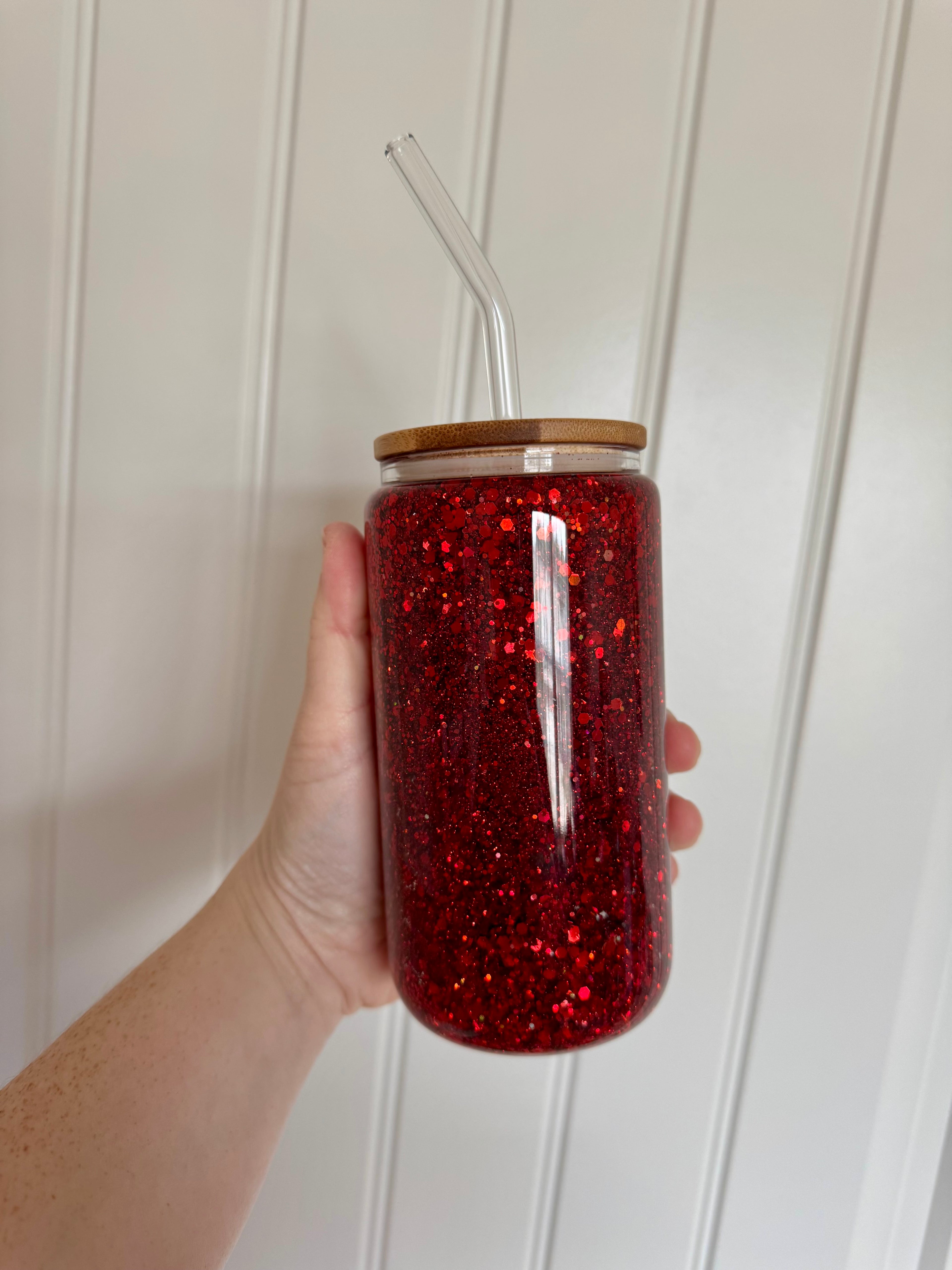 16oz red Glitter Glass Cup