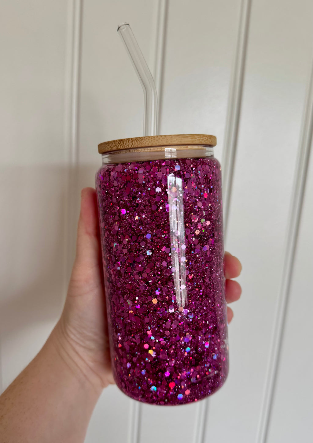 16oz Pink Glitter Glass Cup