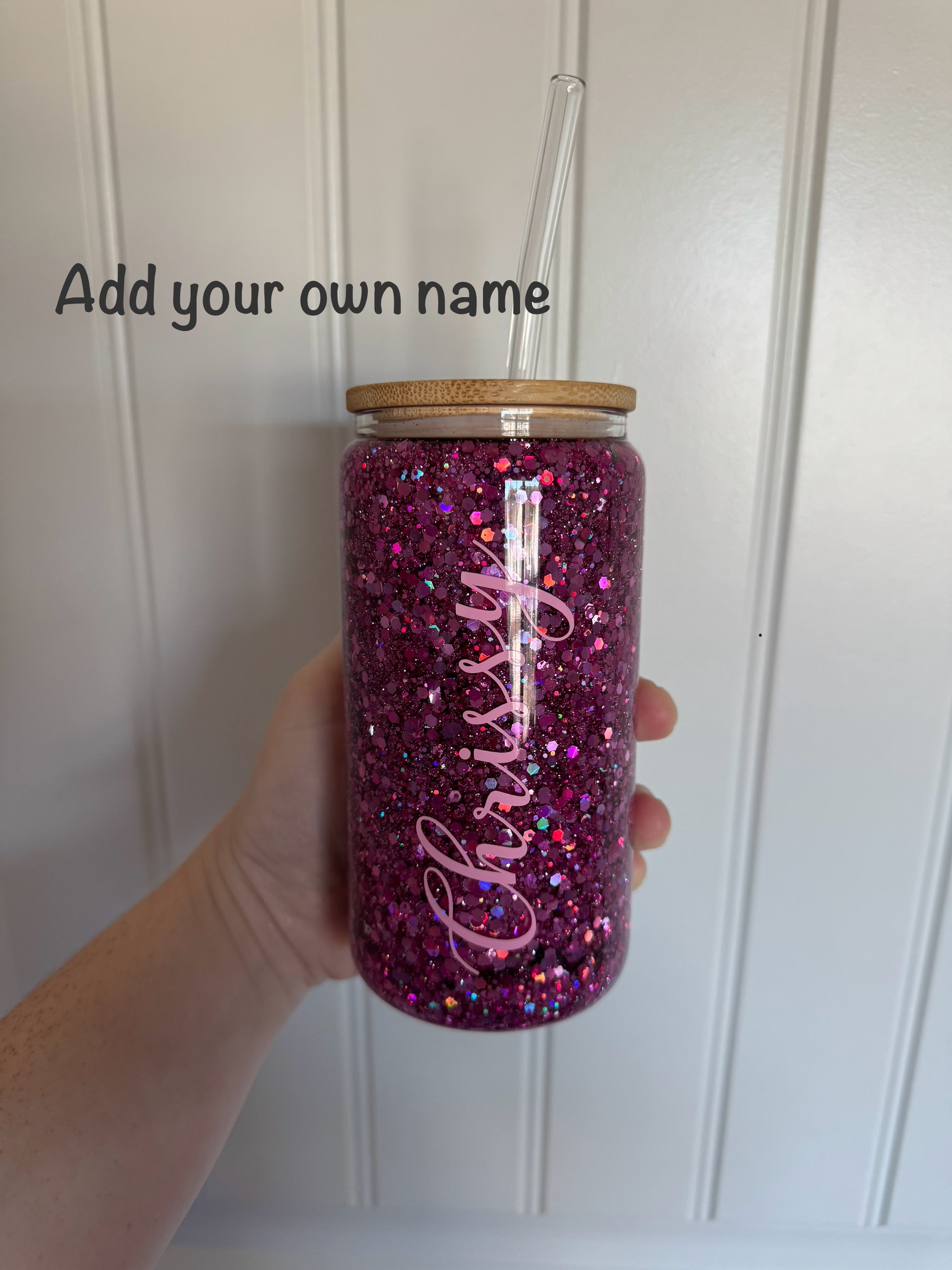 16oz Pink Glitter Glass Cup