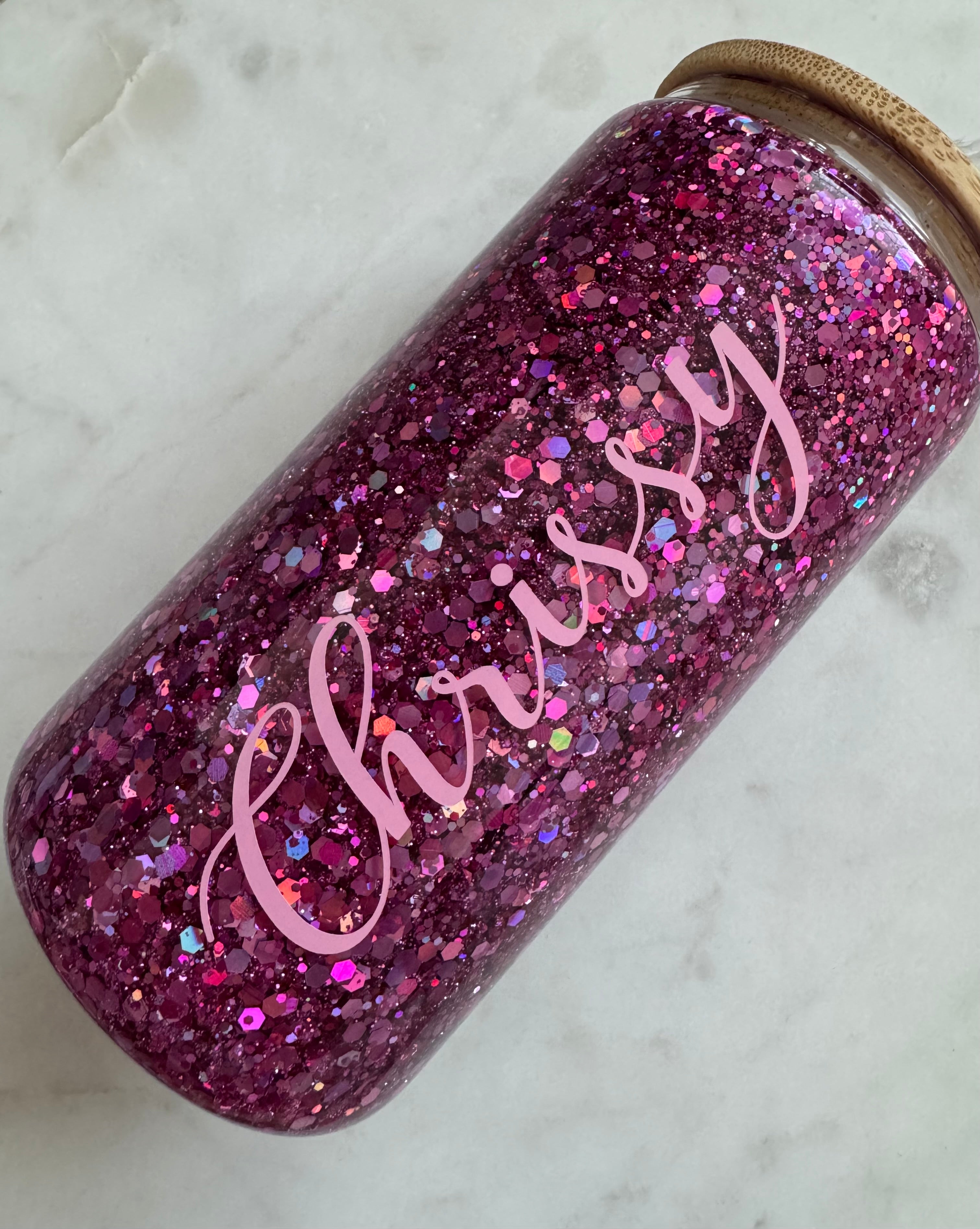 16oz Pink Glitter Glass Cup