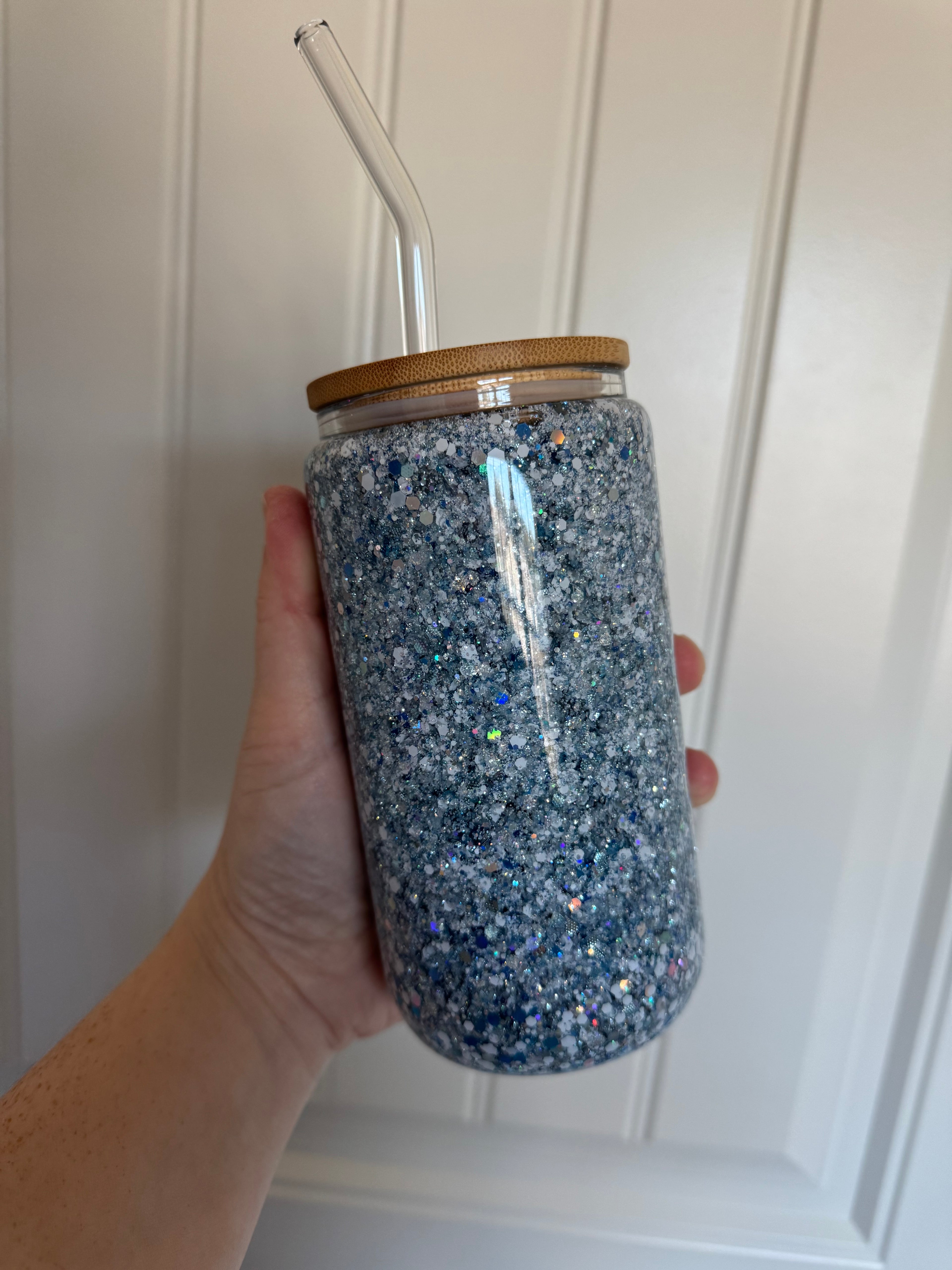 16oz blue & white Glitter Glass Cup