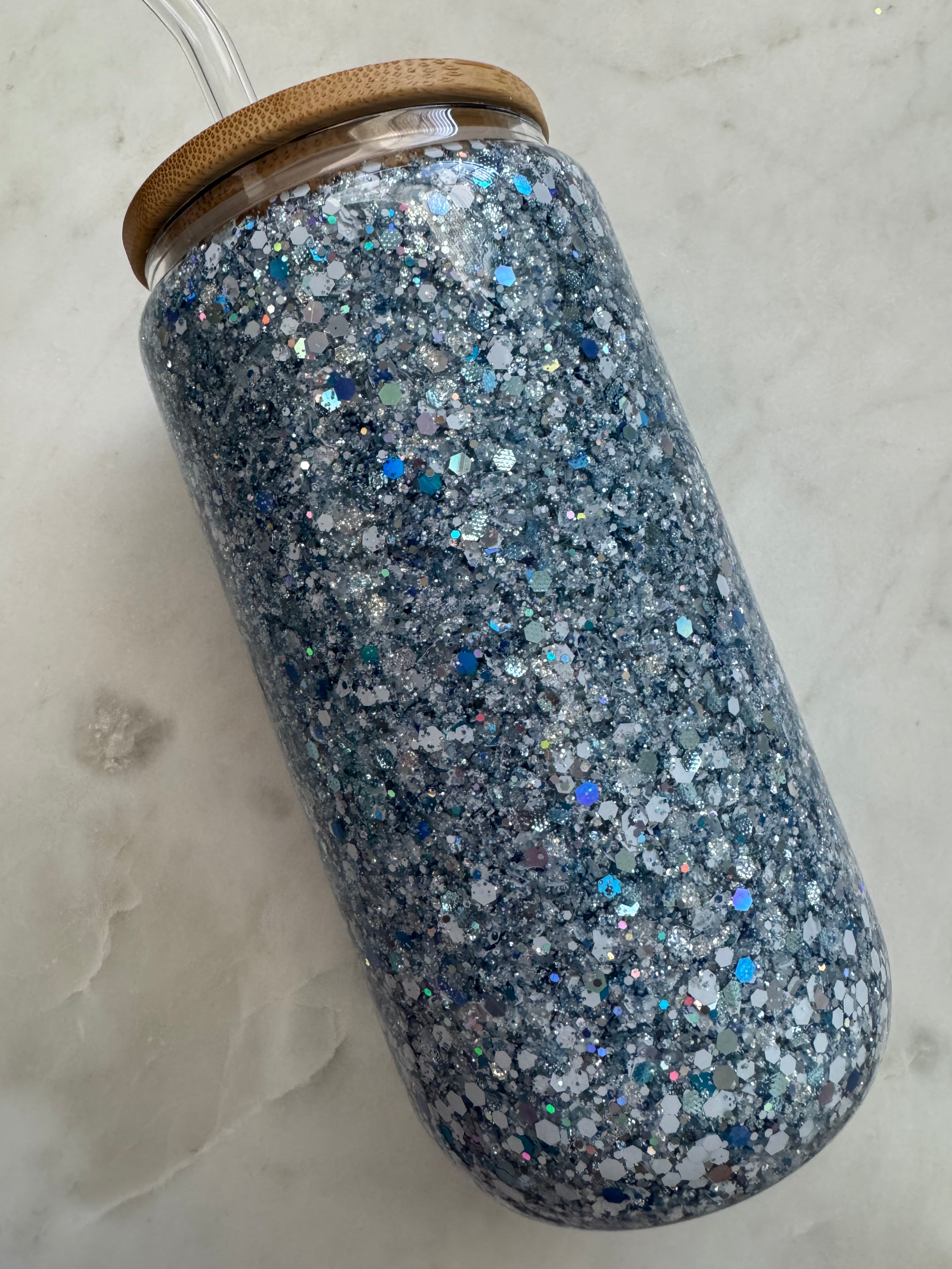 16oz blue & white Glitter Glass Cup